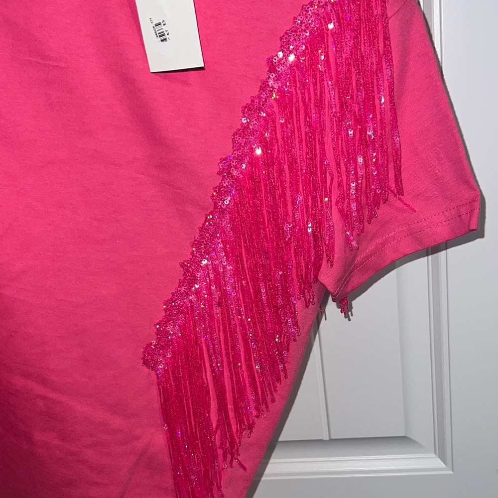 NWT! Concert | Festival Pink Short Sleeve Tee with Sequin Fringe! size SMALL - Picture 8 of 9